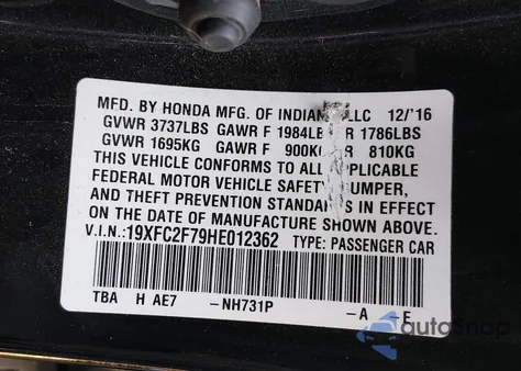 2017 Honda Civic Ex z USA, uszkodzony, nr VIN 19XFC2F79HE012362